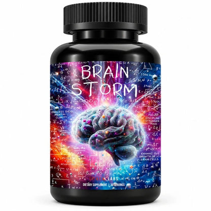 Jacked Labs Brain Storm supplement bottle with colorful brain design and scientific background.
