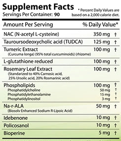 Supplement facts for Revange Nutrition Liver3 showing ingredients and amounts per serving for liver support.