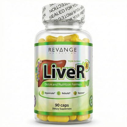 Revange Nutrition Liver3 – Advanced Liver Support supplement bottle with 90 capsules for liver health.