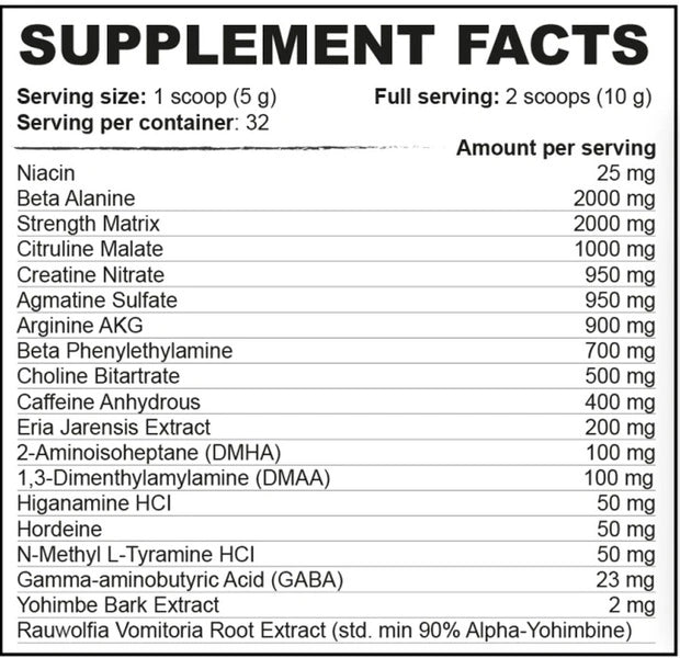 Supplement facts for Shadow Labs Magic Powder – Extreme Pre-Workout showing ingredients and nutrition information.