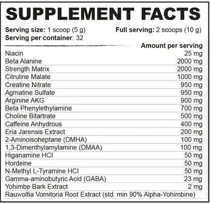 Supplement facts for Shadow Labs Magic Powder – Extreme Pre-Workout showing ingredients and nutrition information.