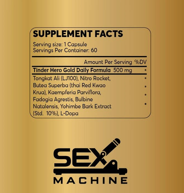 Supplement facts for Tinder Hero Gold – 60 capsules, highlighting herbal ingredients and L-DOPA for men's vitality.