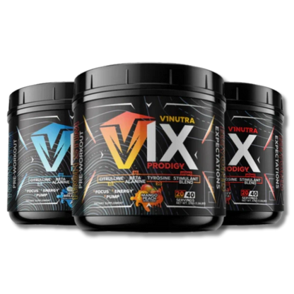 V1Nutra V1X PRODIGY pre-workout powder tubs featuring vibrant labels for enhanced performance.