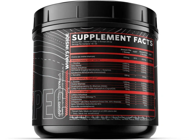 V1Nutra V1X PRODIGY supplement facts showing ingredients and nutritional information in a pre-workout formula.