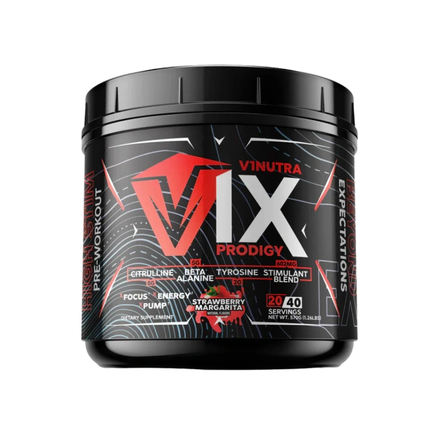 V1Nutra V1X PRODIGY pre-workout powder featuring L-citrulline and beta-alanine, 20 servings, energy boost.
