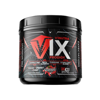 V1Nutra V1X PRODIGY pre-workout powder featuring L-citrulline and beta-alanine, 20 servings, energy boost.