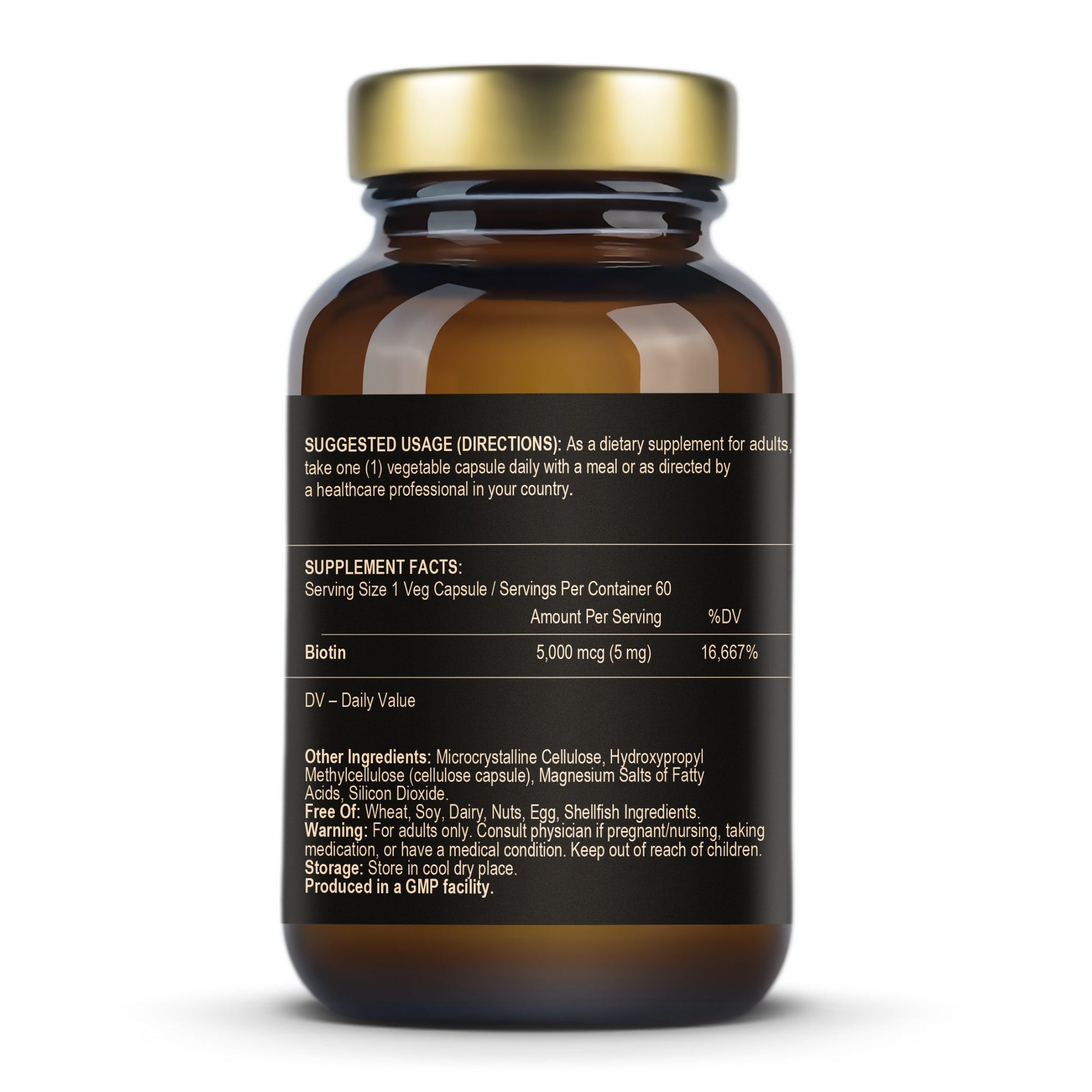 FuelUp Biotin 5,000 mcg supplement facts highlighting biotin for hair skin and metabolic support.