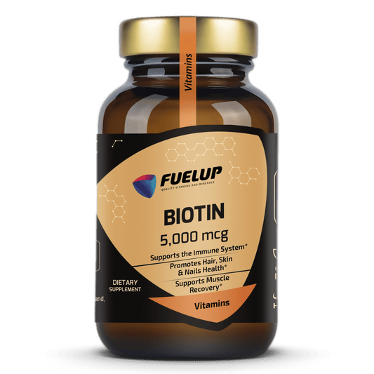 FuelUp Biotin 5,000 mcg – Biotin for hair skin and metabolic support supplement bottle.