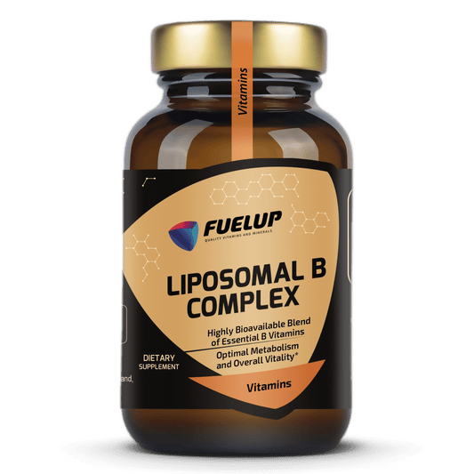 FuelUp Liposomal B Complex bottle for energy support and cognitive function, liposomal vitamin b complex supplement.