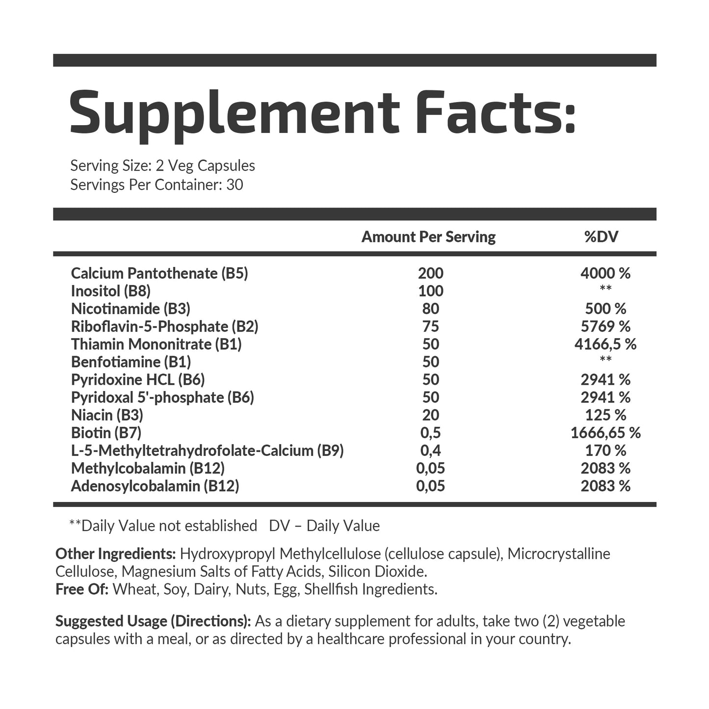FuelUp Liposomal B Complex supplement facts label including B vitamins and usage instructions.