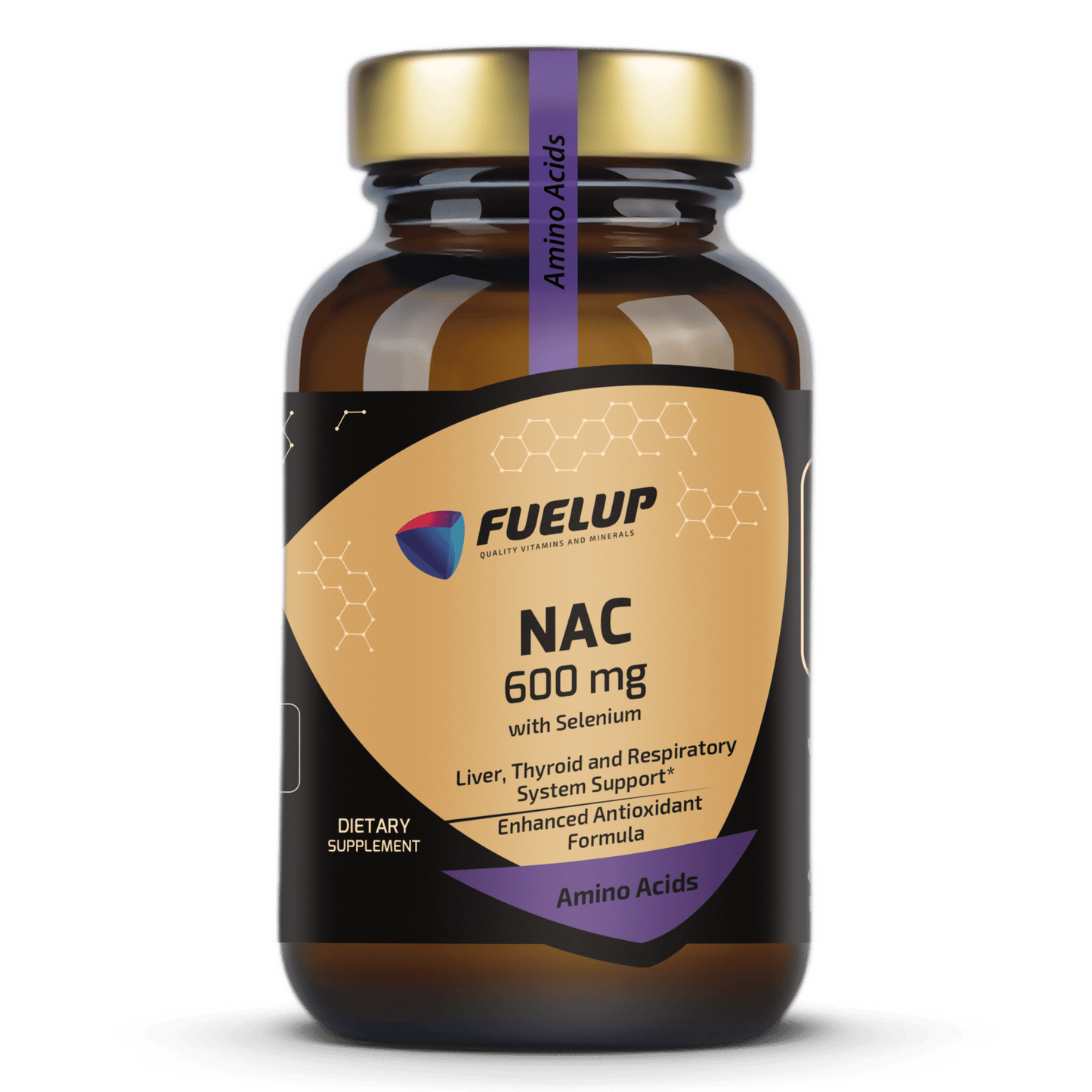 FuelUp NAC 600 mg with Selenium supplement bottle for NAC antioxidant support 600 mg.