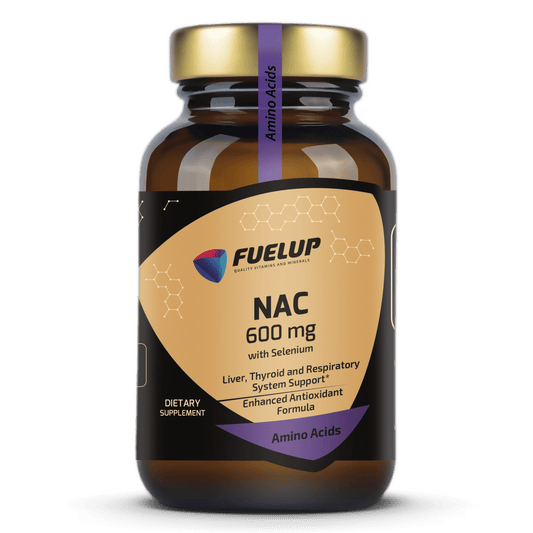 FuelUp NAC 600 mg with Selenium supplement bottle for NAC antioxidant support 600 mg.