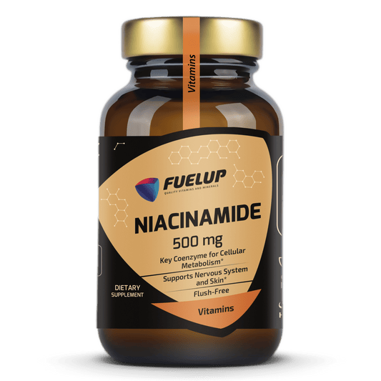 FuelUp Niacinamide 500 mg Flush-Free niacinamide supplement for cellular energy and skin support.
