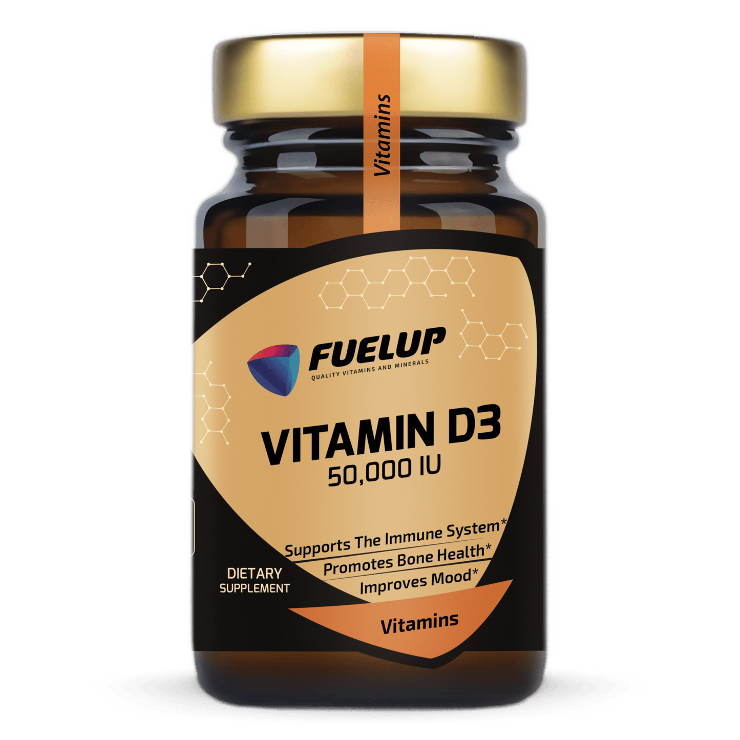 FuelUp Vitamin D3 50,000 IU bottle, high-potency vitamin D3 supplement for immune and bone health.
