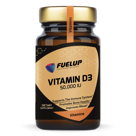 FuelUp Vitamin D3 50,000 IU bottle, high-potency vitamin D3 supplement for immune and bone health.