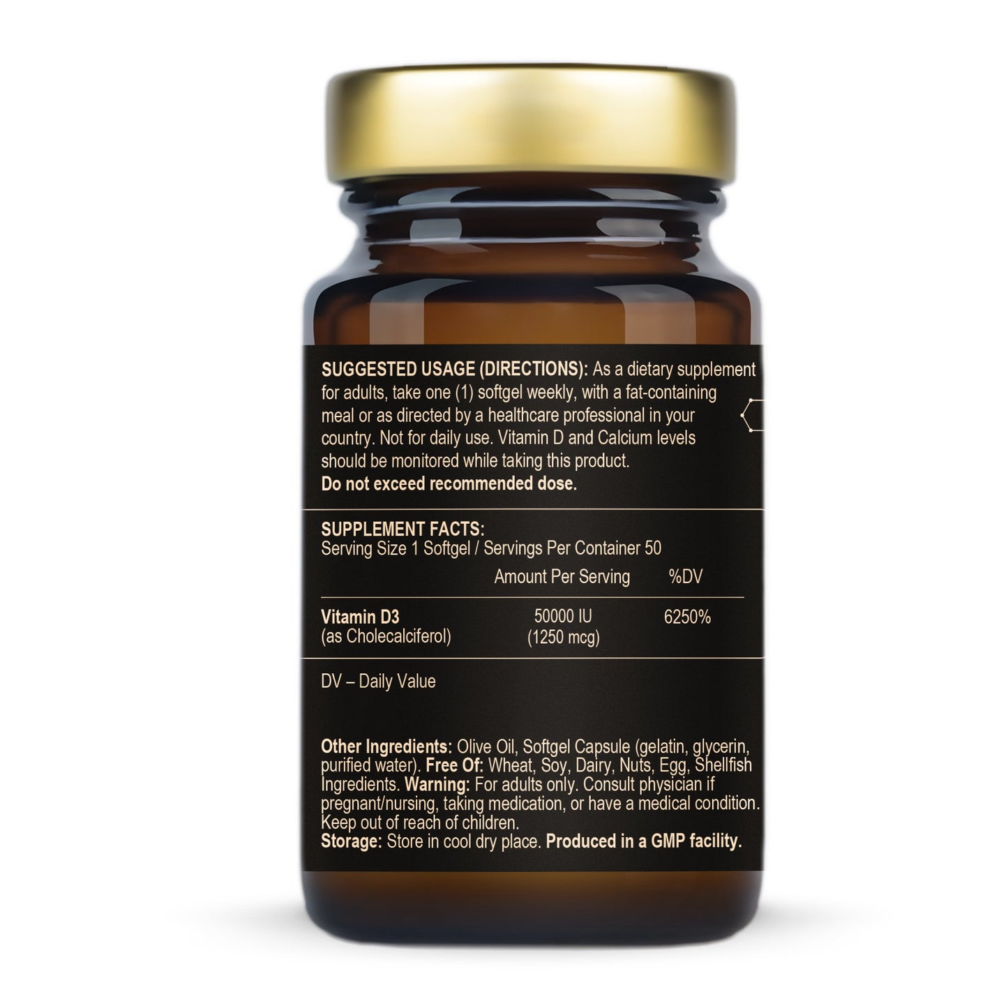 FuelUp Vitamin D3 50,000 IU supplement facts label with high-potency vitamin D3 supplement information.