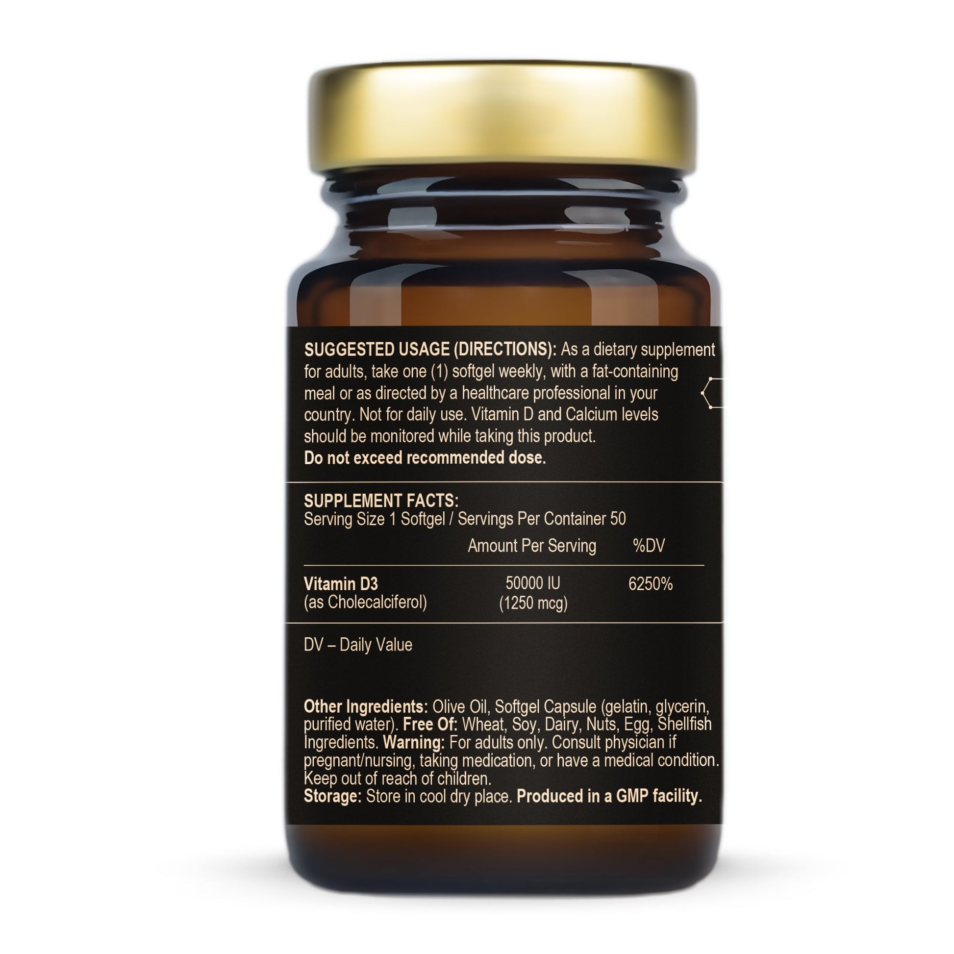 FuelUp Vitamin D3 50,000 IU supplement facts label with high-potency vitamin D3 supplement information.