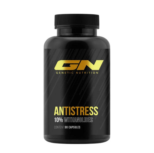 Genetic Nutrition Anti Stress supplement bottle with 90 capsules for stress relief and recovery.