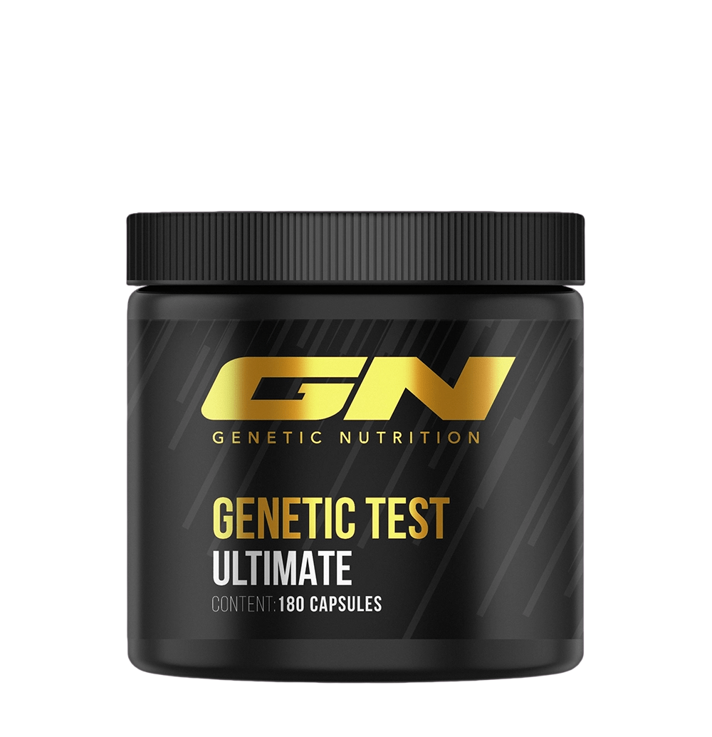 GN Laboratories Test Ultimate | Genetic Nutrition dietary supplement jar with 180 capsules for muscle and vitality.