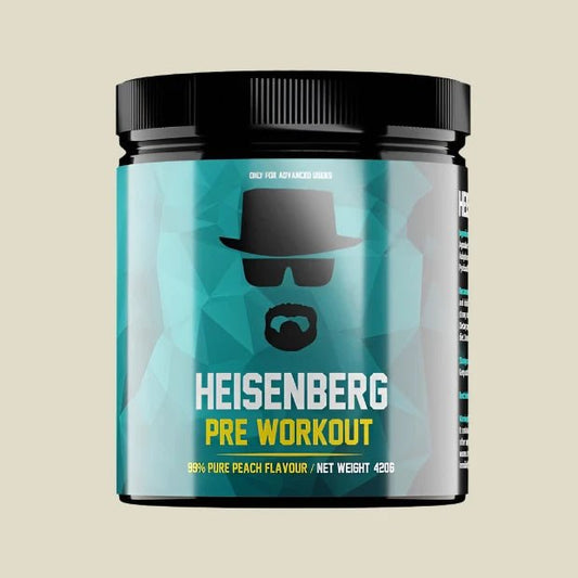 Heisenberg Pre-Workout 420g container with pure peach flavor, designed for extreme energy and advanced athletes.