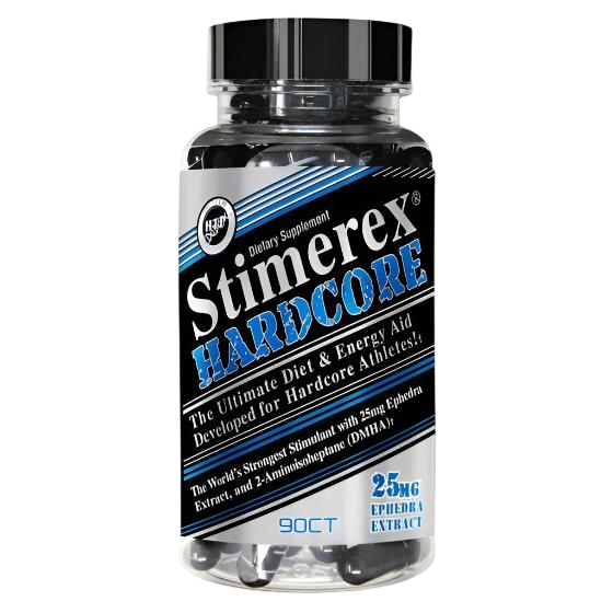 Hi-tech Stimerex Hardcore dietary supplement bottle with 25mg Ephedra extract for fat burning and energy.