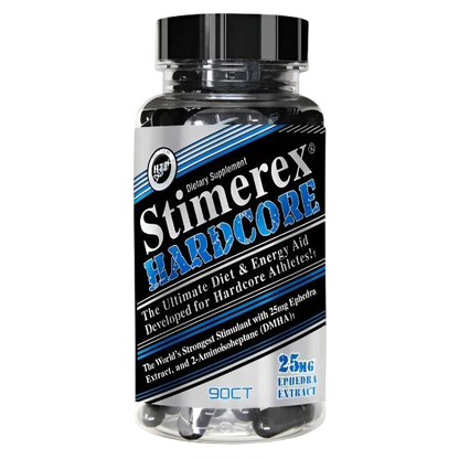 Hi-tech Stimerex Hardcore dietary supplement bottle with 25mg Ephedra extract for fat burning and energy.