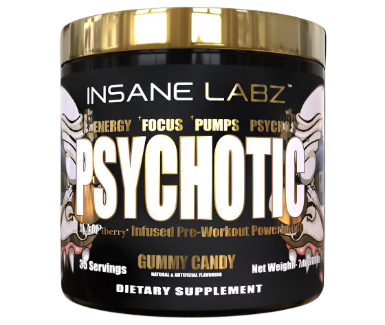 Insane Labz Psychotic Gold pre-workout supplement tub with gummy candy flavor, energy and focus formula.