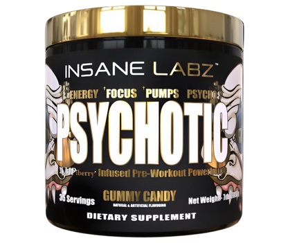 Insane Labz Psychotic Gold pre-workout supplement tub with gummy candy flavor, energy and focus formula.