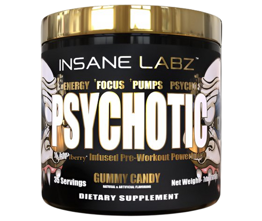 Insane Labz Psychotic Gold pre-workout supplement tub with gummy candy flavor, energy and focus formula.