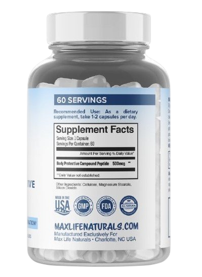 MaxLife Naturals Body Protective Complex BPC-157 60 caps dietary supplement bottle with serving details.
