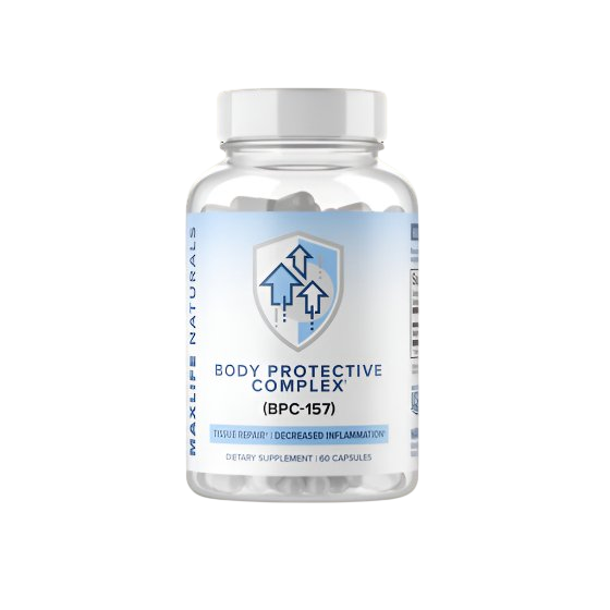MaxLife Naturals Body Protective Complex BPC-157 bottle with 60 capsules for tissue repair and decreased inflammation.