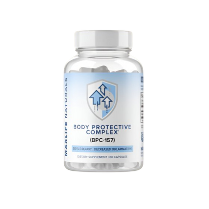 MaxLife Naturals Body Protective Complex BPC-157 bottle with 60 capsules for tissue repair and decreased inflammation.