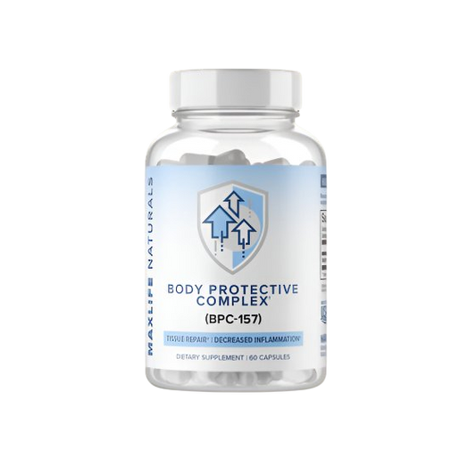 MaxLife Naturals Body Protective Complex BPC-157 bottle with 60 capsules for tissue repair and decreased inflammation.