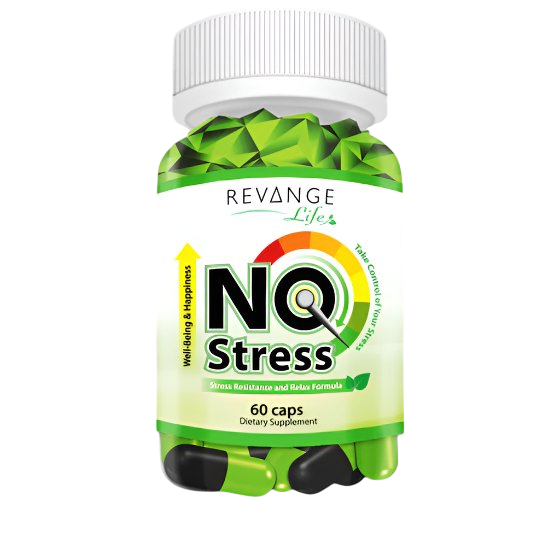 Revange No Stress dietary supplement bottle with 60 capsules for relaxation and emotional balance.