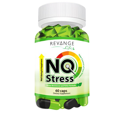 Revange No Stress dietary supplement bottle with 60 capsules for relaxation and emotional balance.