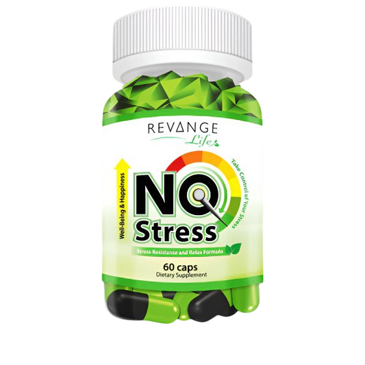 Revange No Stress dietary supplement bottle with 60 capsules for relaxation and emotional balance.