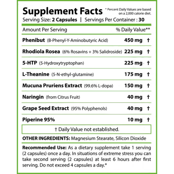 Revange No Stress supplement facts label showing ingredients and dosage details for relaxation and balance.