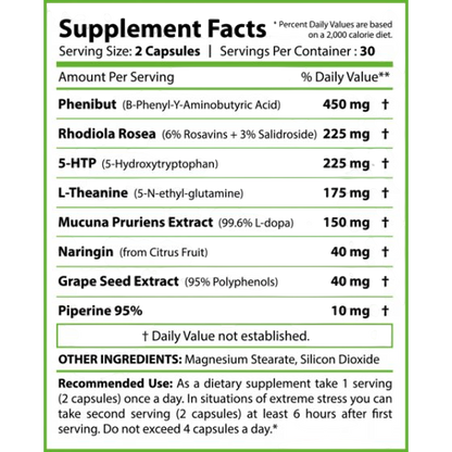 Revange No Stress supplement facts label showing ingredients and dosage details for relaxation and balance.