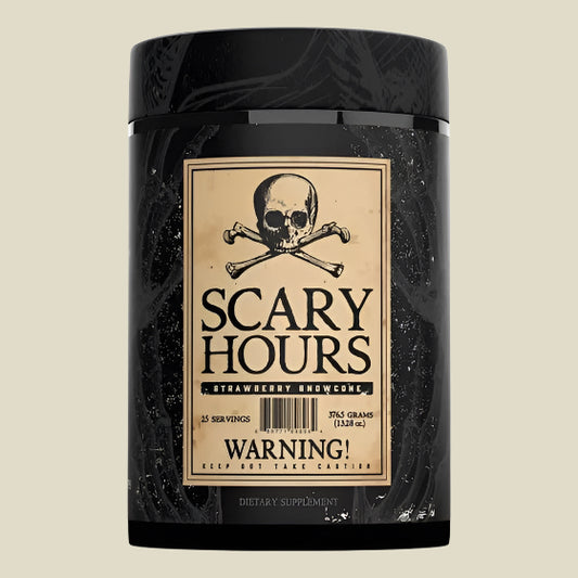 Scary Hours Pre-Workout container featuring strawberry flavor and skull design on a dark background.