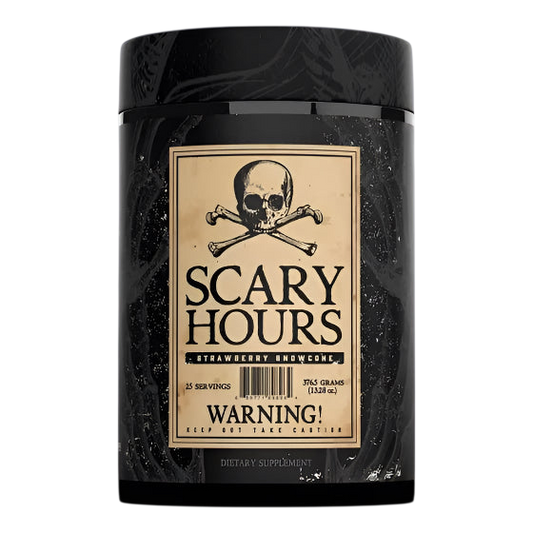 Scary Hours Pre-Workout container featuring strawberry flavor and skull design on a dark background.