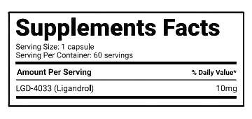 Smart Brothers LGD-4033 supplement facts label showing serving size and dosage of 10mg Ligandrol per capsule.