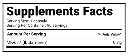 Smart Brothers MK-677 supplement facts label showing Ibutamoren 10mg per capsule, 90 servings.