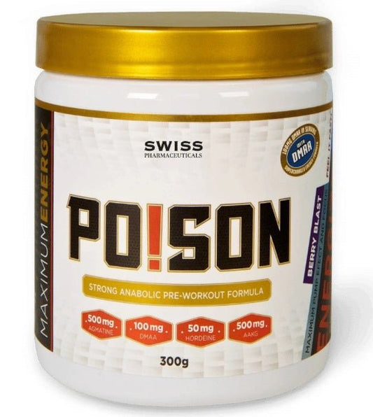 Swiss Pharmaceuticals Poison 300g high stim pre-workout formula for maximum energy and focus.