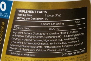 Supplement facts for Swiss Pharmaceuticals Poison 300 g – high stim pre-workout formula with key ingredients.